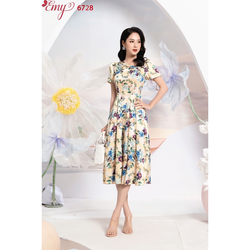 Đầm EMY EM6728 Xòe Midi Cổ V Bèo