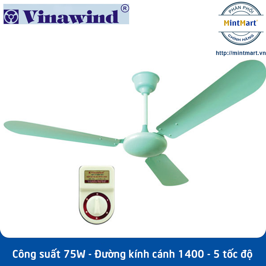 Quạt trần 3 cánh Vinawind QTT-1400S (Màu xanh) Cánh sắt - Công suất 75W - 5 cấp tốc độ
