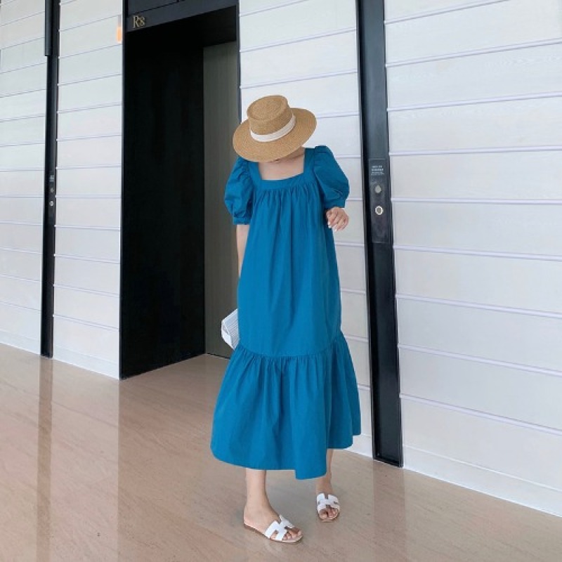 Khổng Lồ Trắng Phong Cách Retro Màu Xanh Giống Nàng Tiên Váy Dài Cổ Vuông Tay Bồng Kiểu Pháp Cạp Cao Đầm Nữ Mùa Hè 2020 Mẫu Mới