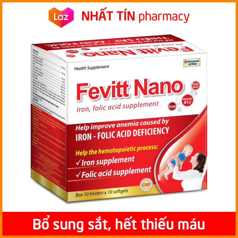 Viên uống Fevitt Nano bổ sung Sắt, Acid Folic cho người thiếu máu não, phụ nữ mang thai và sau sinh - Hộp 100 viên dùng 100 ngày - NHẤT TÍN PHARMACY cao cấp