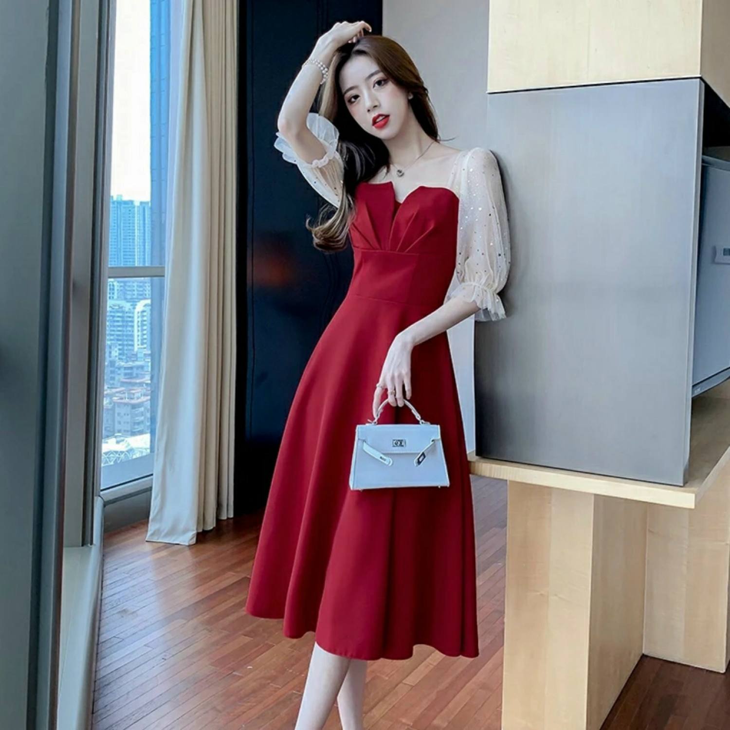 Đầm xòe công chúa đầm umi phối lưới kim sa xếp ly ngực