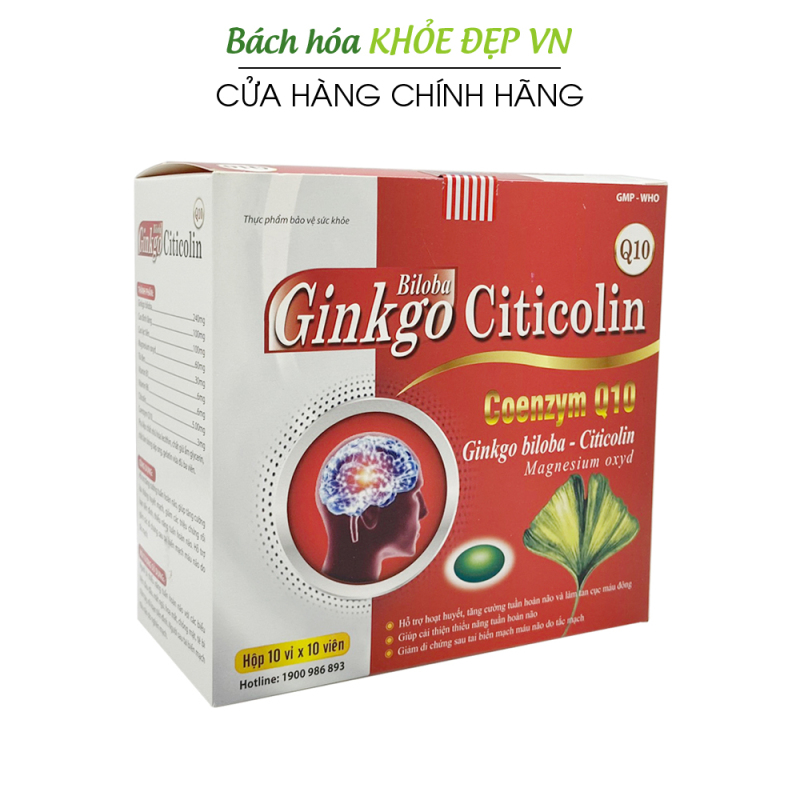 Hoạt huyết dưỡng não Ginkgo Biloba Citicolin Conenzym Q10 giảm rối loạn tiền đình, đau đầu, chóng mặt - Hộp 100 viên