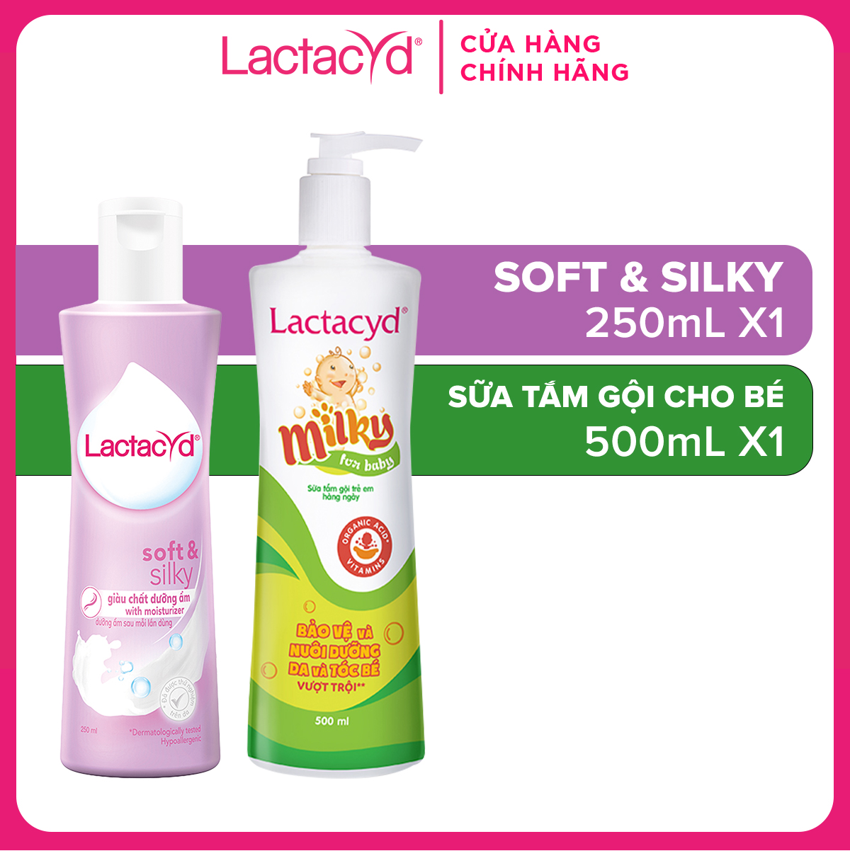Bộ Dung Dịch Vệ Sinh Phụ Nữ Lactacyd Soft & Silky Dưỡng Ẩm 250ml + Sữa Tắm