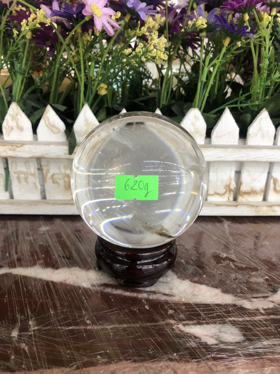 Quả cầu phong thủy đá thạch anh canxit trắng vân mây