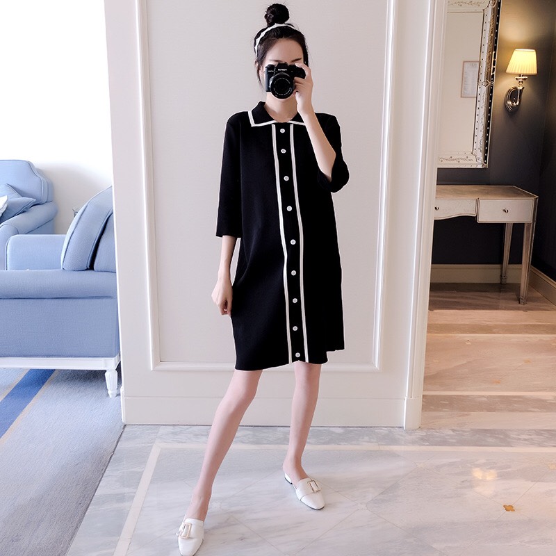 Váy bầu đen khuy trắng dọc dáng suông