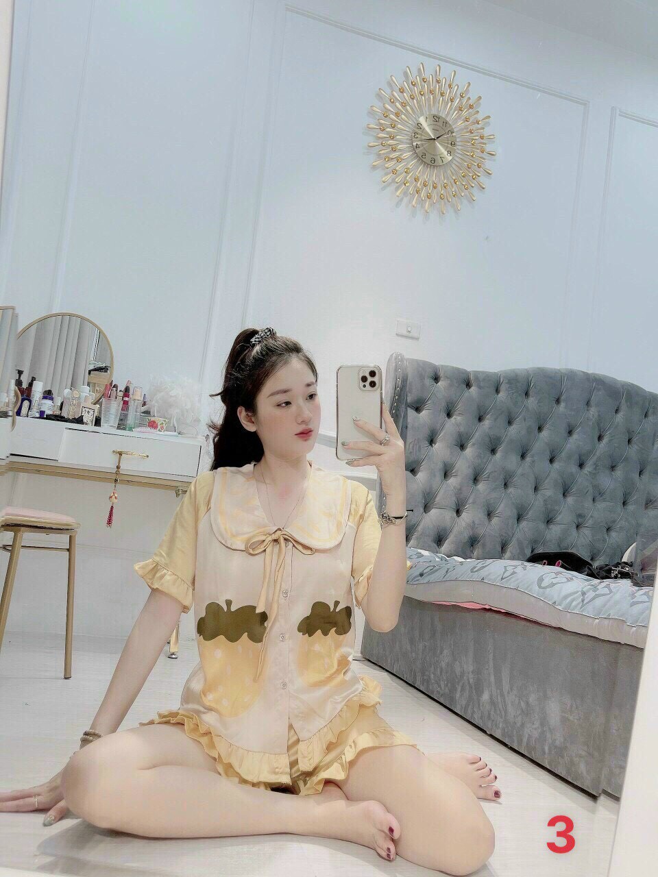 Set bộ mặc nhà, bộ ngủ lụa hình trái cây tiểu thư chất mát.
