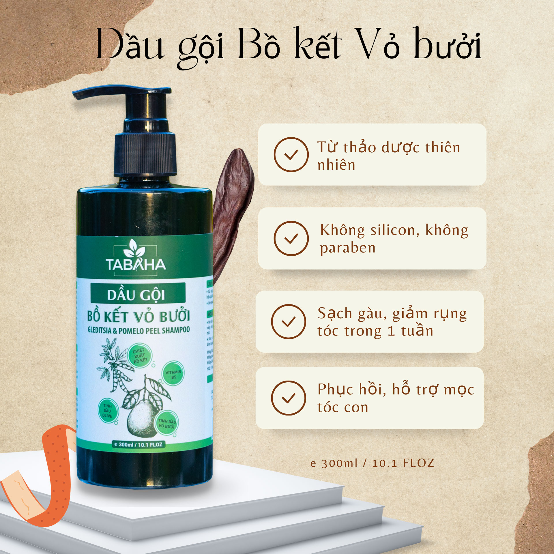 Dầu gội bồ kết vỏ bưởi Tabaha 300ml giúp ngăn rụng tóc kích thích mọc tóc