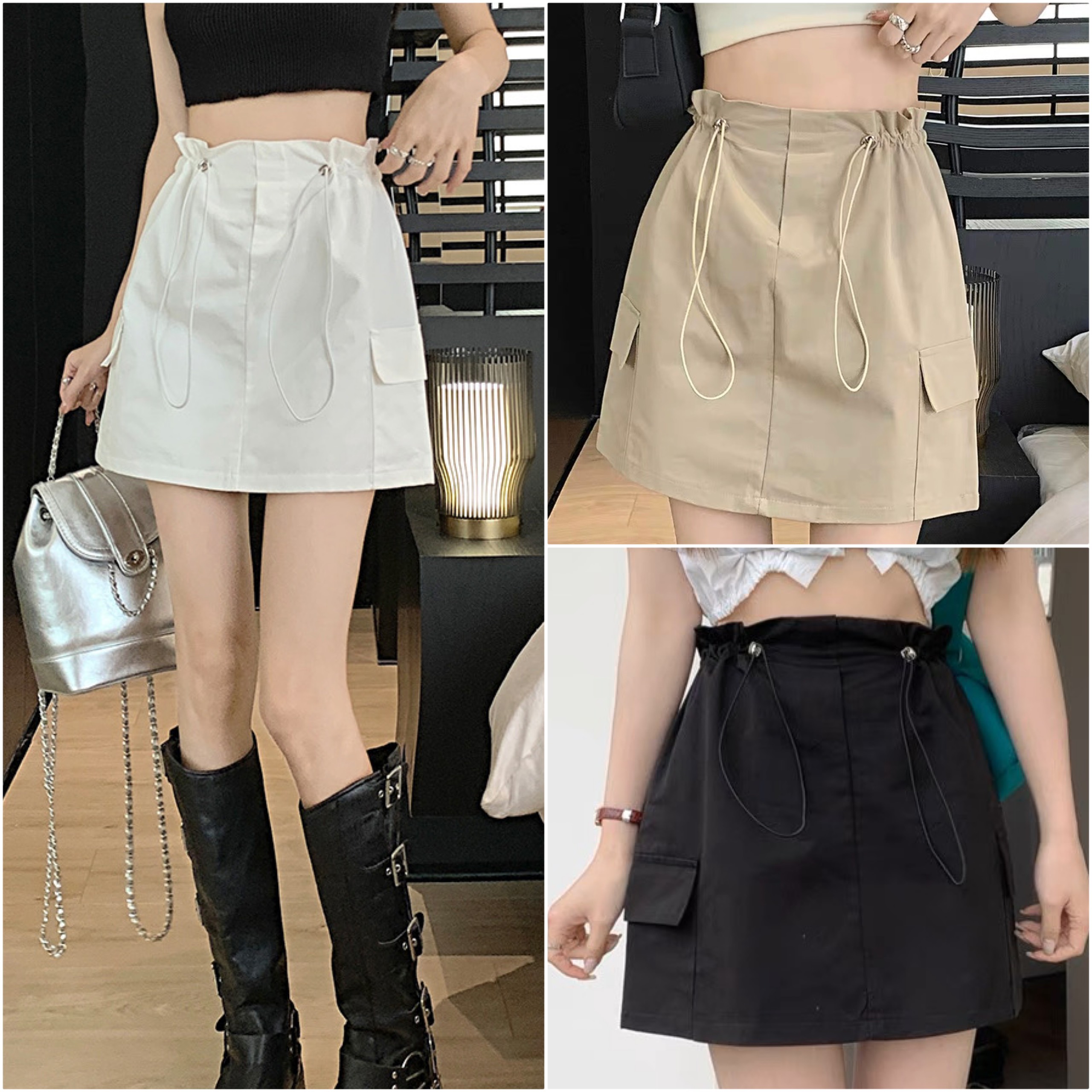 chân váy cạp rút chất kaki kèm quần trong