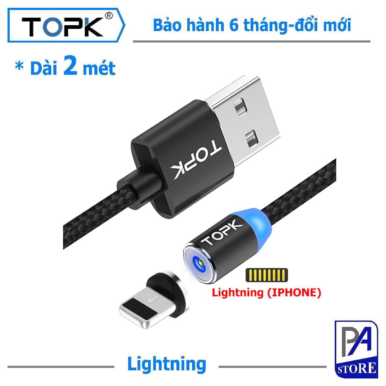 Cáp Sạc Nam châm TOPK, Dài 2 mét, Đầu Thẳng (1 Trong 3 Đầu Iphone Lightning, Micro USB, Type C)