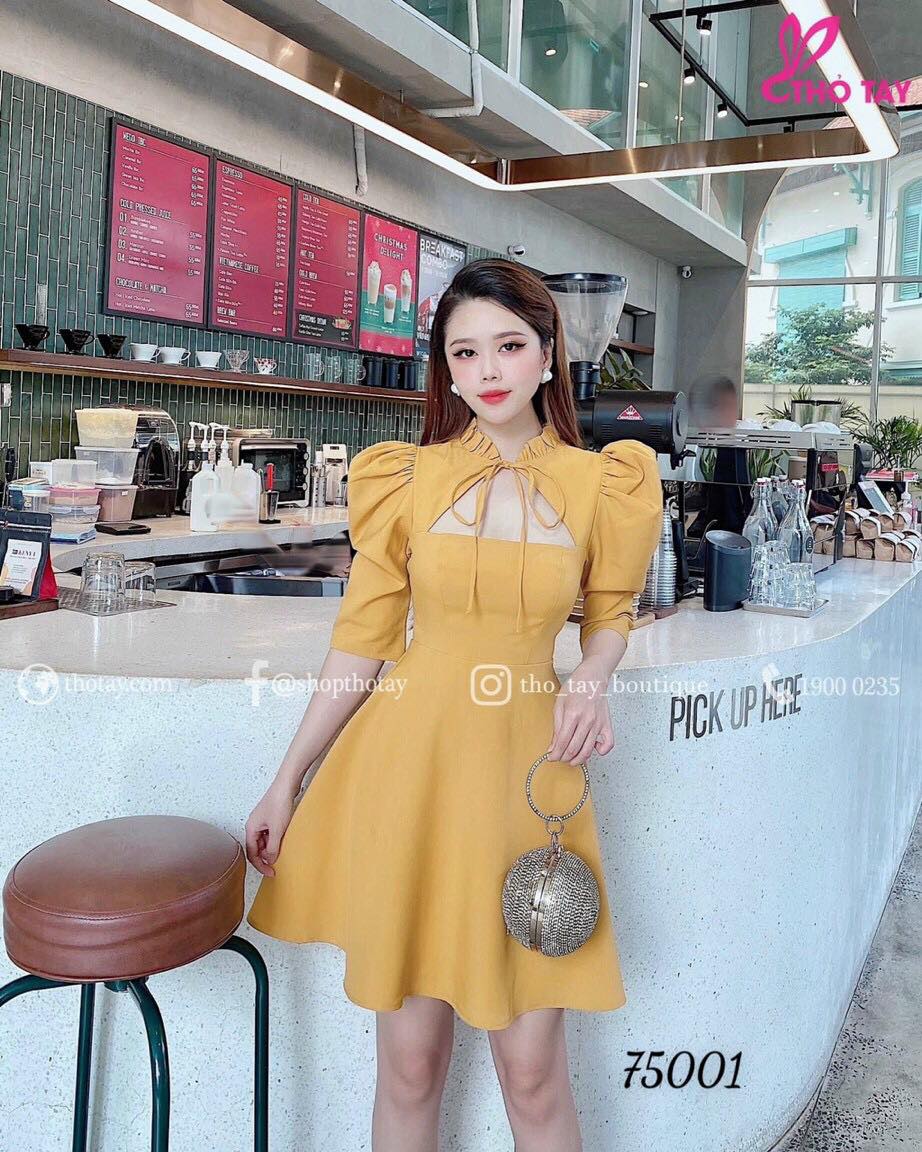 Đầm xòe dự tiệc thắt nơ cổ bèo dễ thương-d17
