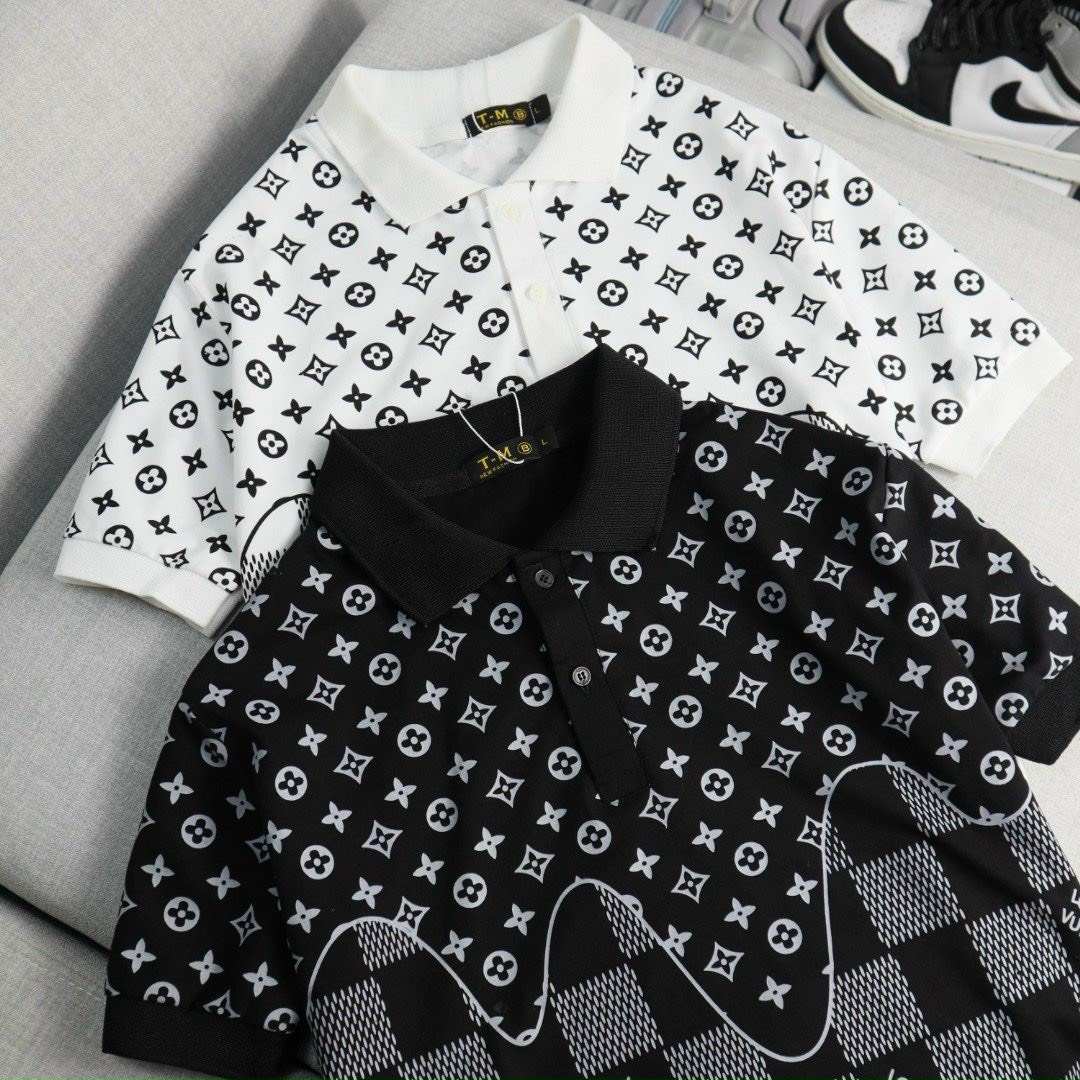 Áo thun nam cổ trụ, áo phông nam tay ngắn phối họa tiết caro hai màu trắng đen from ôm dáng chất vải cotton thoáng mát