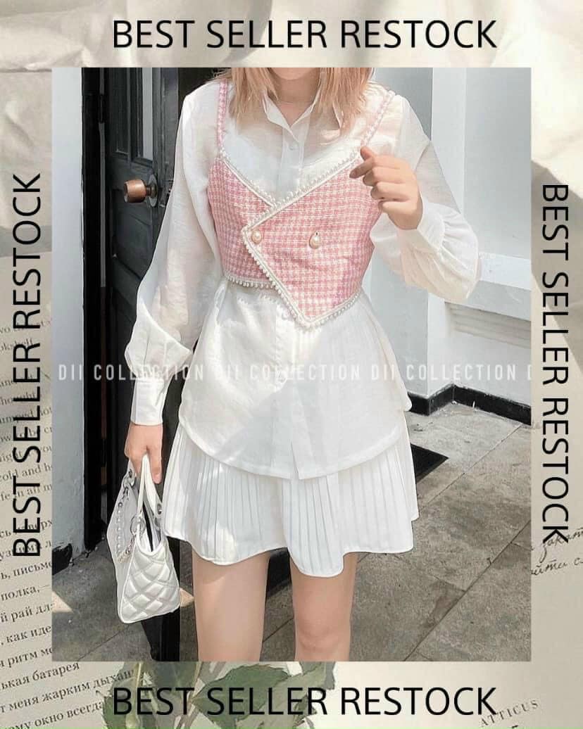Set 3 món áo sơ mi trắng kèm gile caro hồng và chân váy xếp ly nàng closet