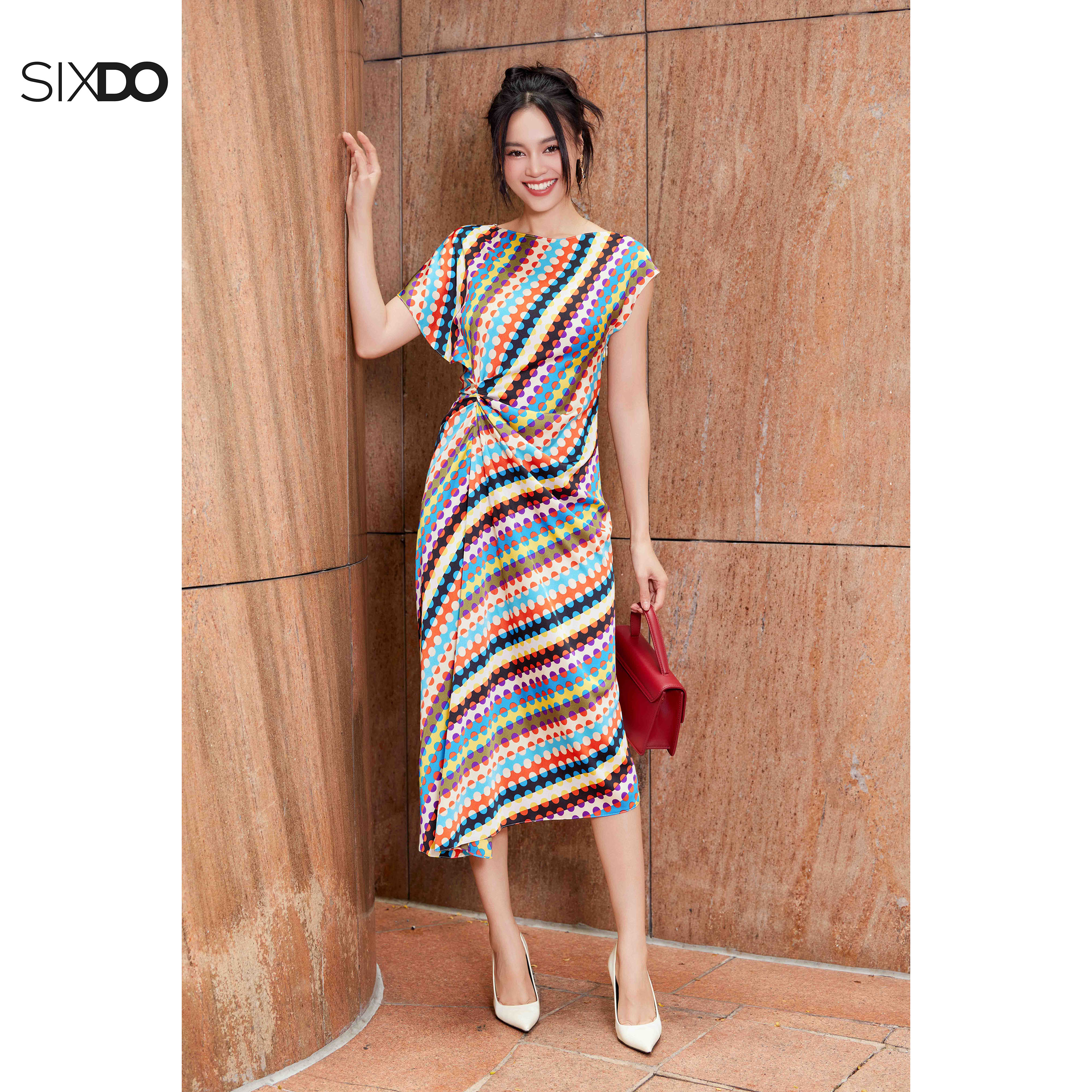 Đầm lụa chấm bi nhiều màu SIXDO (Multicolor Polka Dot Midi Silk Dress)