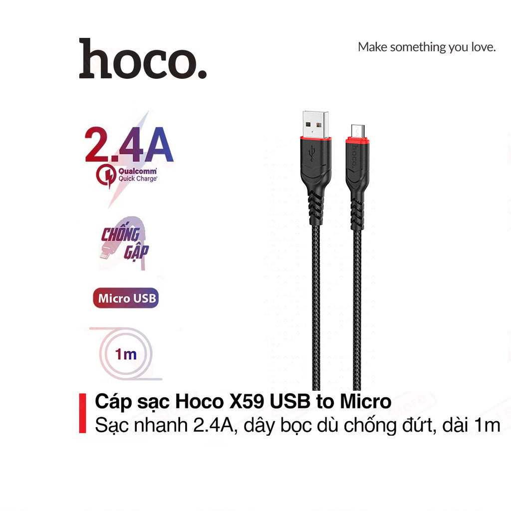 Cáp sạc nhanh 2.4A Hoco X59 chân Micro dây dù siêu bền dài 1M cho Android