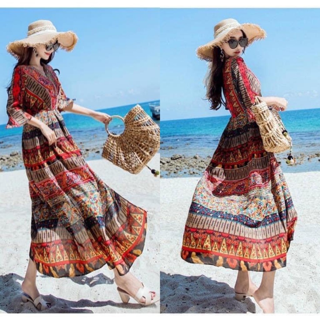 Đầm Maxi Thổ Cẩm Đi Biển Chất Lụa Mango Đẹp LH69