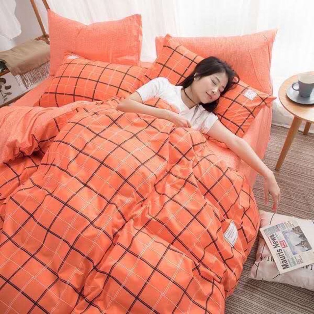 Set chăn ga gối kẻ vuông cotton poly 4 món