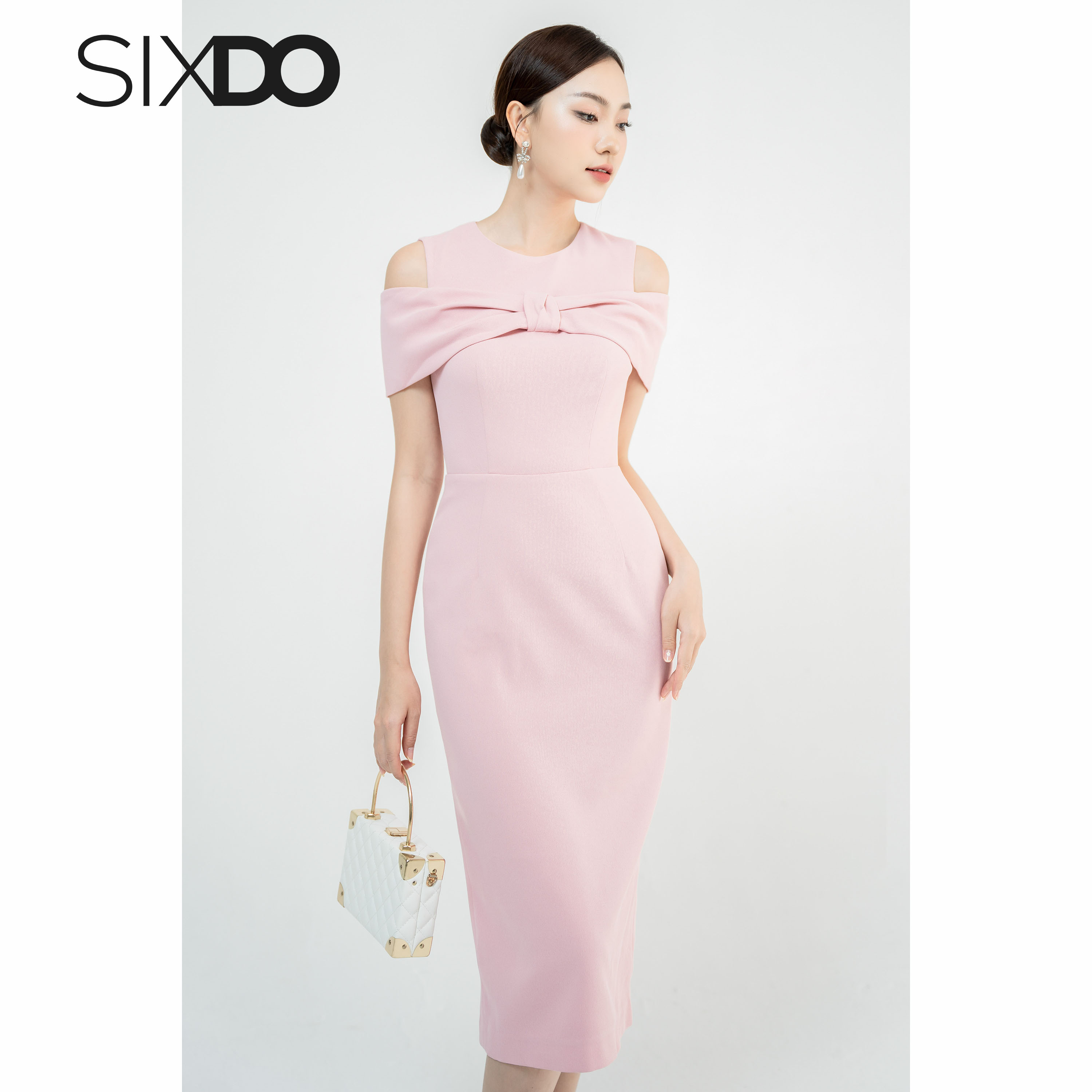 Đầm hồng cổ tròn hở vai SIXDO (Pink Cape Midi Woven Dress)