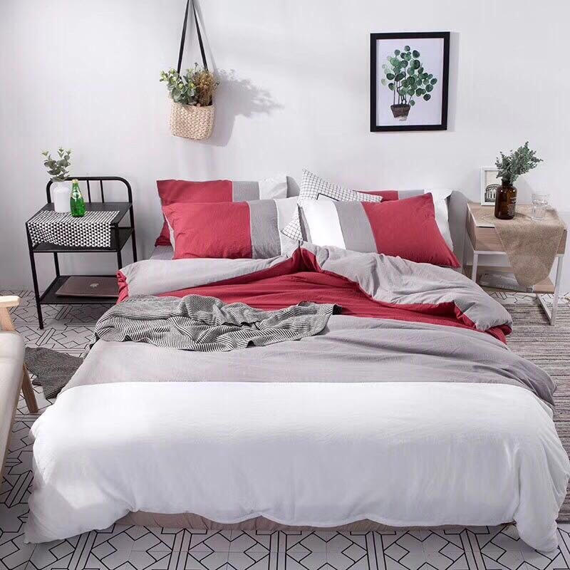 Bộ chăn ga gối đũi nhập phối màu đỏ đô.