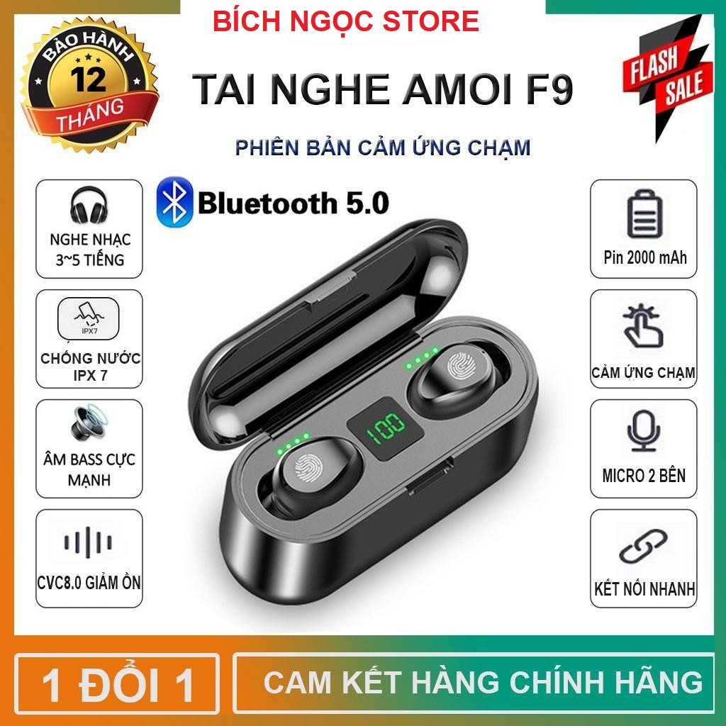 Tai Nghe Bluetooth Không Dây Amoi F9, Tai Nghe Bluetooth 5.0, Tai Nghe Bluetooth Không Dây 5.0, Amoi F9, Điều Khiển Cảm Ứng, Màn Led Báo Pin, Chống Nước, Chống Ồn, HiFi TWS True Siêu Bass micro HD Tương Thích Với Mọi Dòng Smart Phone