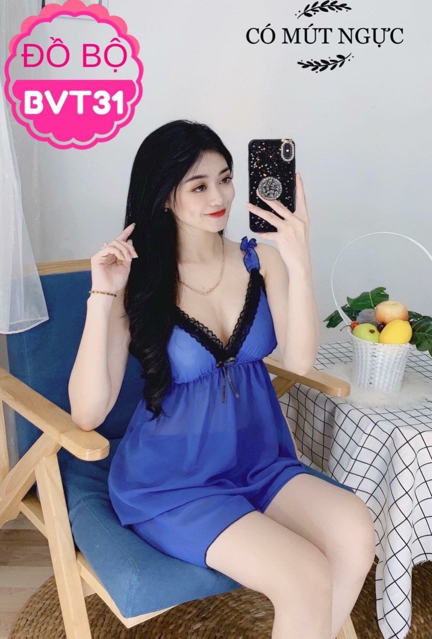 ĐỒ NGỦ VOAN LỤA PHỐI REN CÓ MÚT DƯỚI 56KG