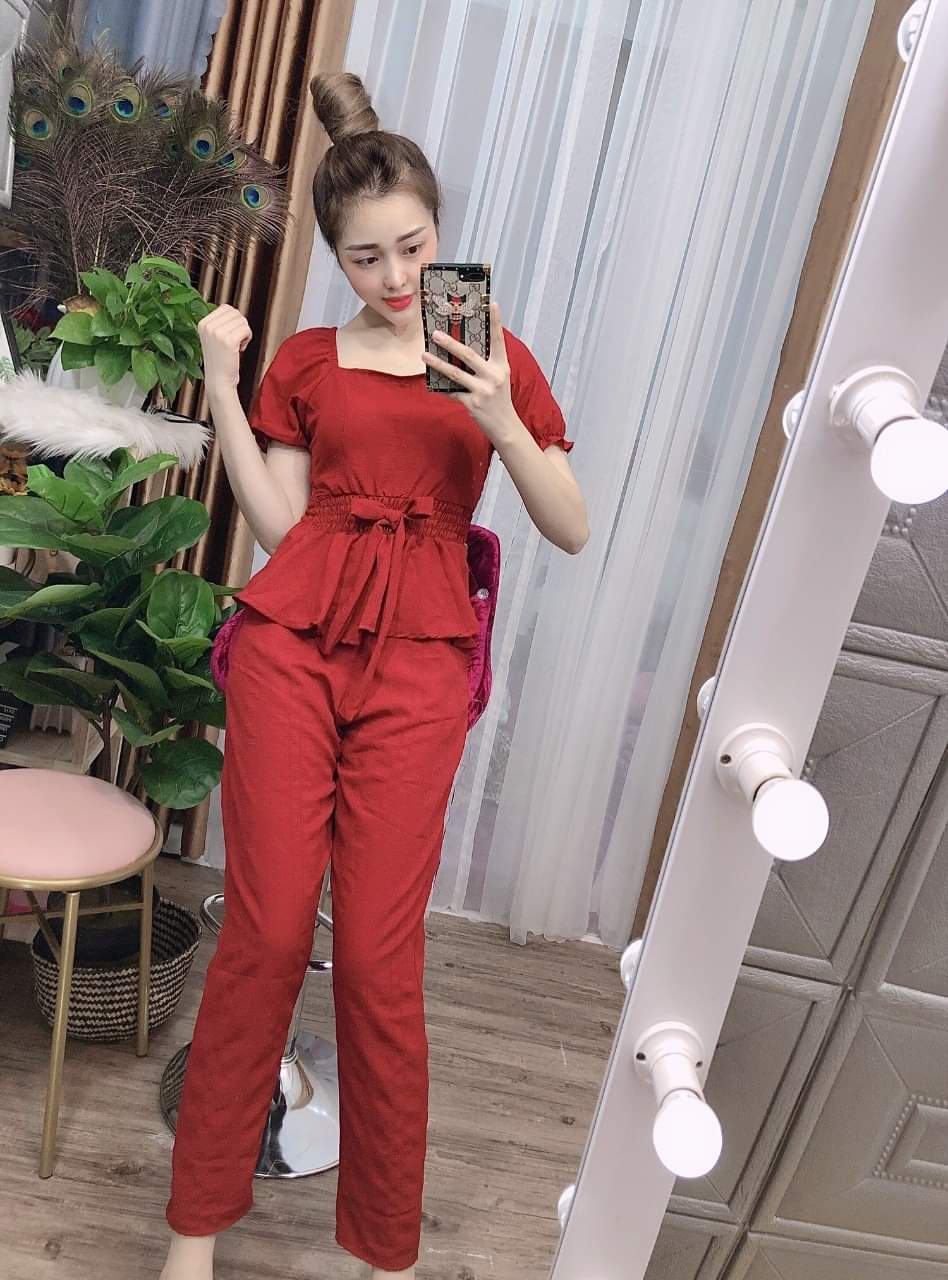Set Bộ Trơn Vải Lụa Cổ Vuông, Buộc Nơ Eo Quần Ống Rộng Tôn Dáng, Thiết Kế Thời Trang ( Đỏ )