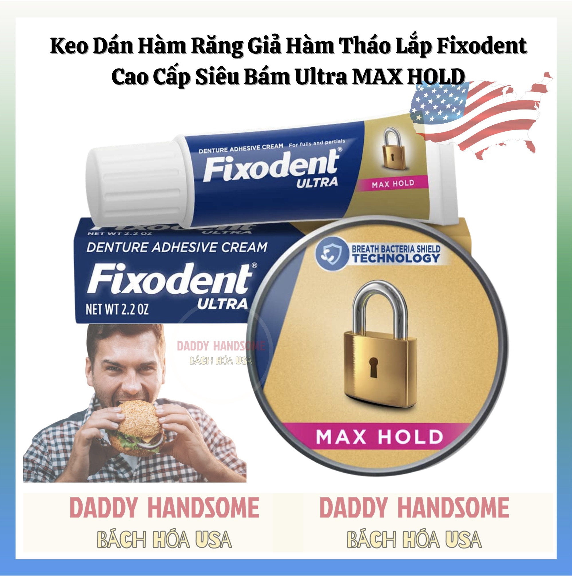 [Siêu dính cao cấp] Keo dán hàm giả răng giả Fixodent Advanced max hold 62g