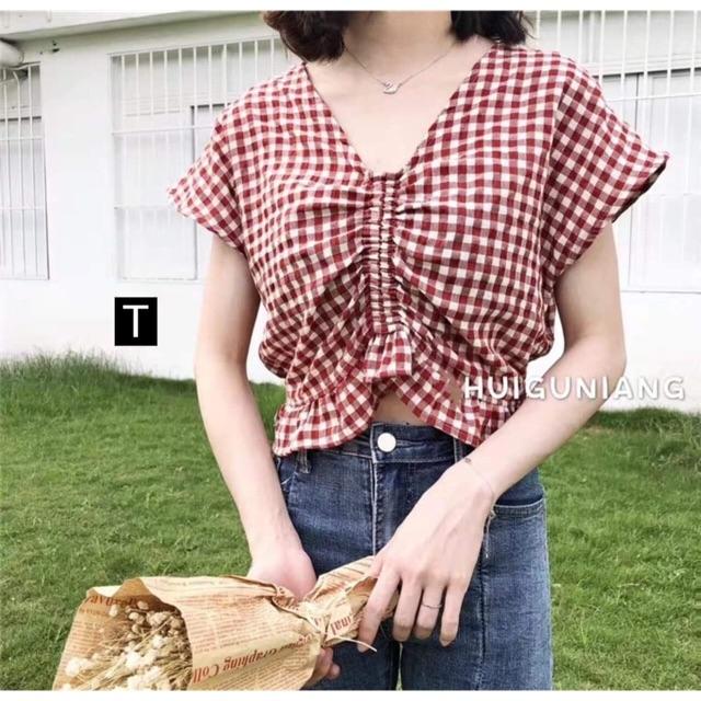 [HCM]Áo Kiểu Nữ Croptop Rúm Ngực Ulzzang Hàn Quốc ( Đỏ và Đen)