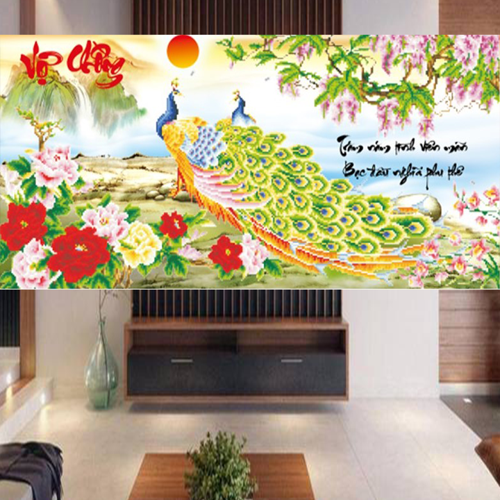 [HCM]Tranh thêu chữ thập vợ chồng công xanh hoa tím X8121 - kích thước 85 * 46