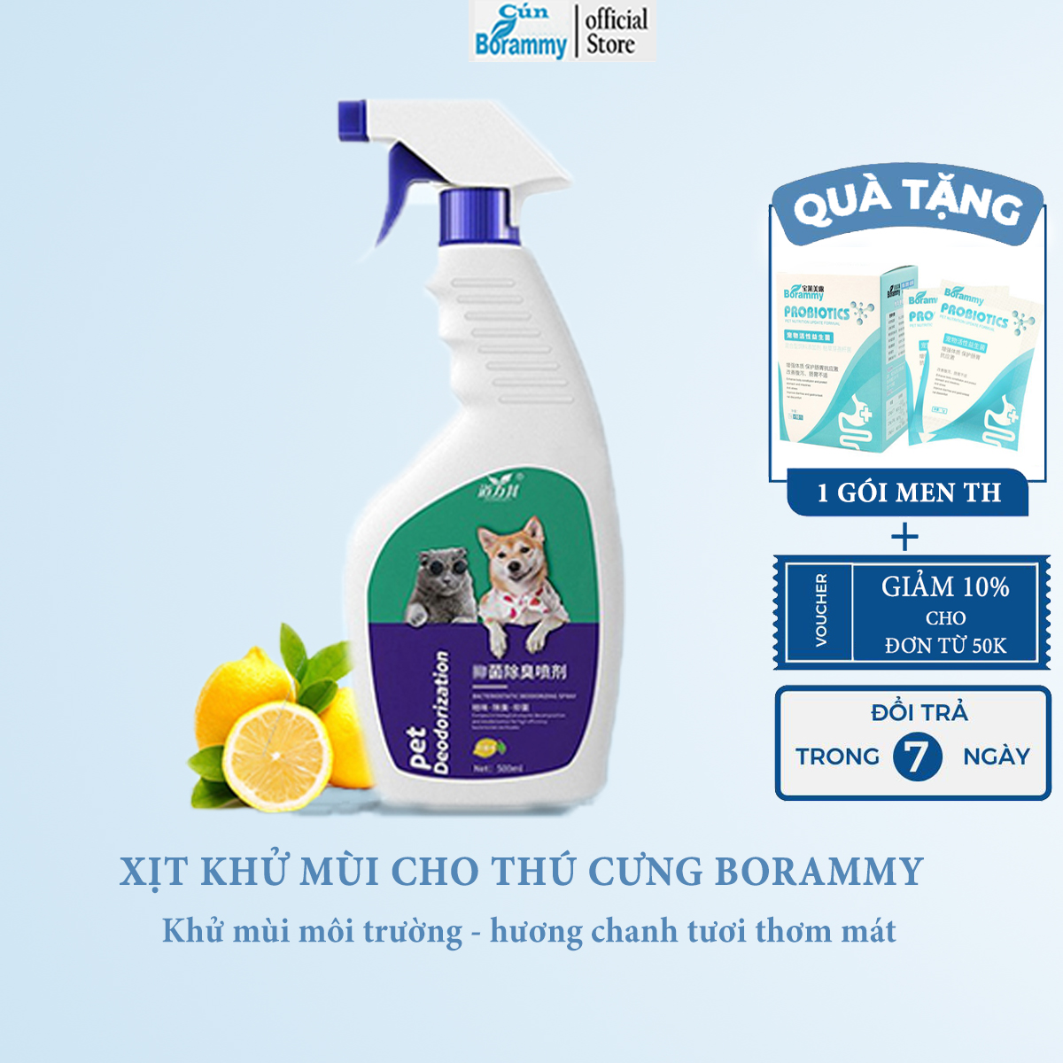 Xịt khử mùi cho thú cưng DAOLIQI 500ml - Xịt khử mùi cho chó mèo hương chanh tươi mát dễ chịu giúp diệt khuẩn môi trường khử mùi hôi cát mèo và mùi hôi chuồng trại cho thú cưng