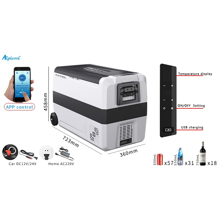 Tủ lạnh mini trên ô tô dùng gia đình Alpicool T50(50L) với 2 ngăn riêng biệt lạnh -20 độ thích hợp du lịch, cắm trại