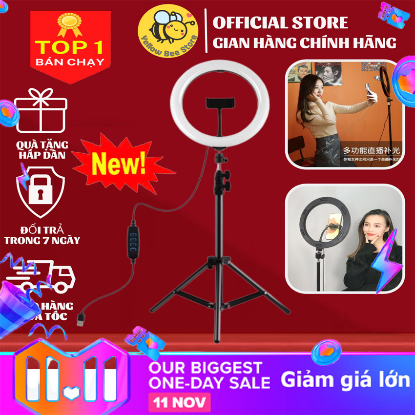Đèn Live Stream bán hàng 33cmnguồn 220v 3 kẹp điện thoại, 3 tông màu, remote từ xa, Đèn livestream bán hàng đa năng