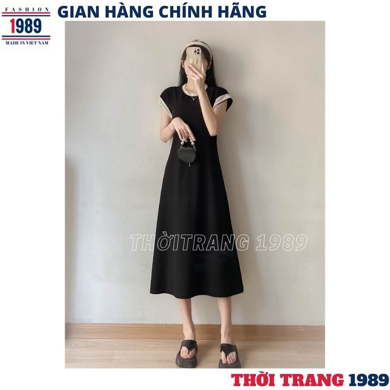 Váy suông dáng dài cộc tay phối viền cổ, viền tay - Đầm nữ suông dáng dài nhiều màu trơn vintage đơn giản - 1989