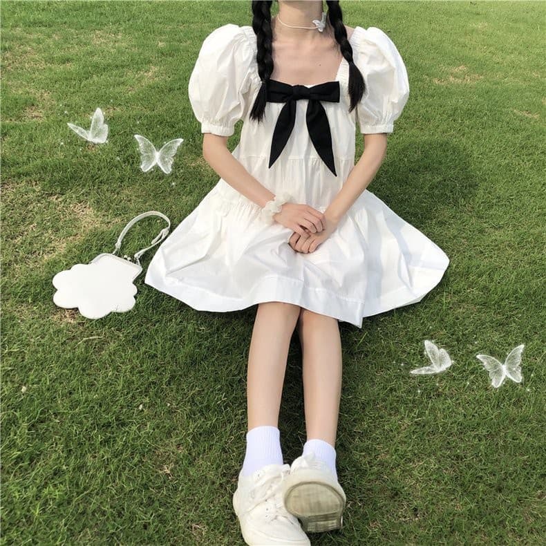 Đầm trắng xòe công chúa phối nơ cổ vuông thời trang Hàn Quốc,váy babydoll tay bồng bánh bèo cao cấp ,váy trắng nữ,đầm xòe nữ.