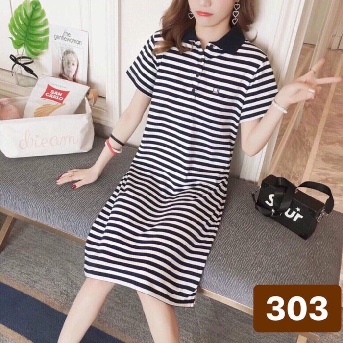 Đầm suông sọc cổ polo duyên dáng