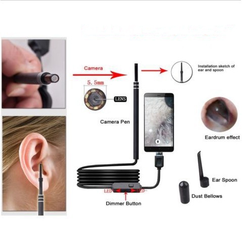 Camera Nội Soi Tai Kèm Đầu Lấy Ráy Tai - Đầu Camera 5.5mm Nhỏ 6 Bóng Led Làm Sạch Tai Dễ Dàng - Camera mini máy lấy ráy tai camera nội soi - Sale 50- BH 12 tháng