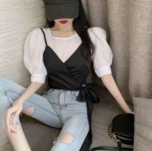 [HCM]Áo Tay phồng trắng phối 2 dây đen - UT33