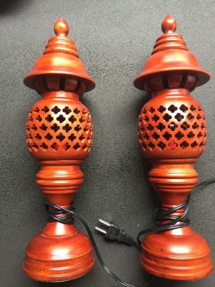 Pair of Wooden Xa Cu Wood Altar Lamps, 41cm High