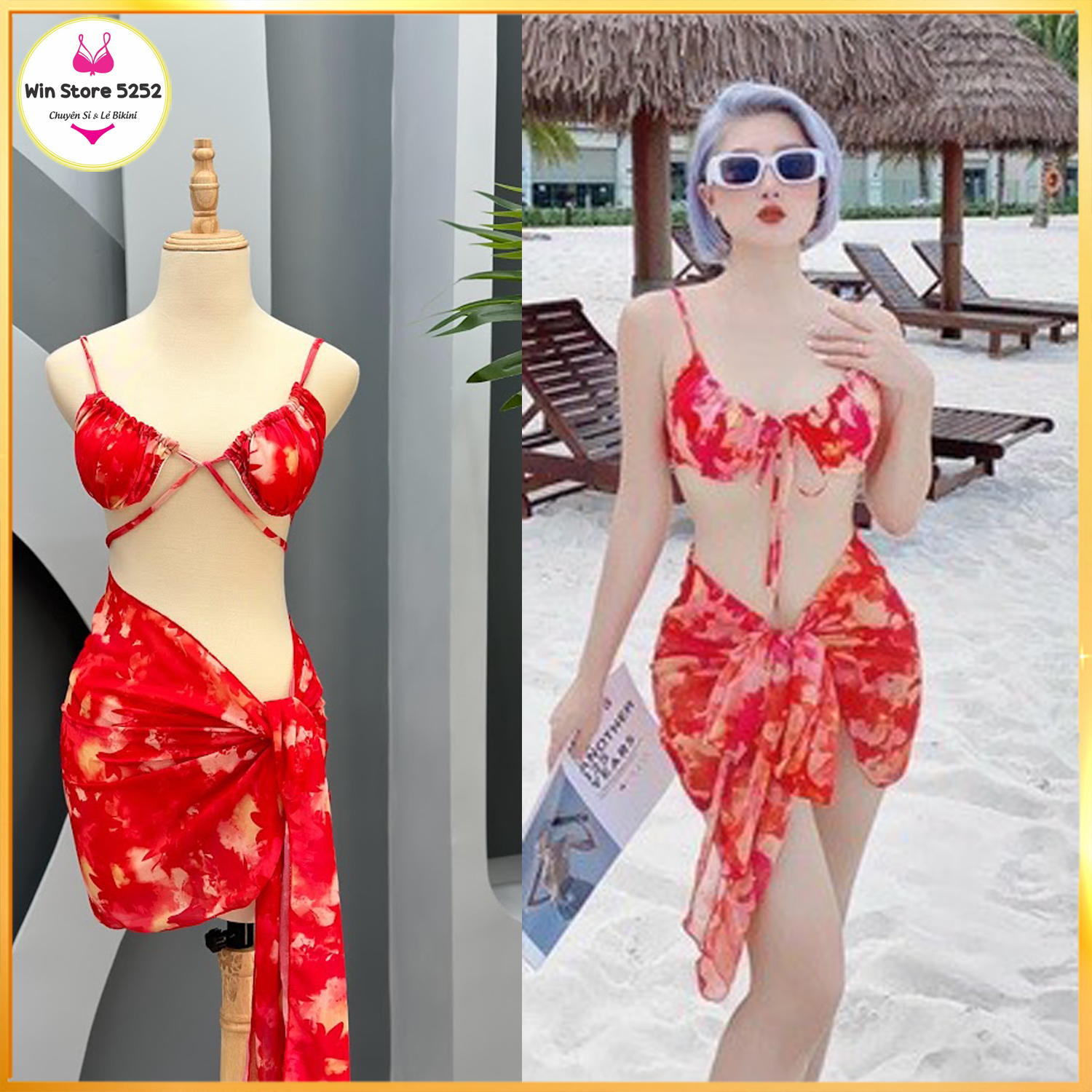 Bikini set 3 món áo gọng hoa đỏ, quần tam giác bm-10