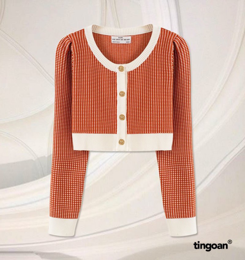 TINGOAN® - Áo set len cardigan lửng tặng kèm quây 2 dây kẻ caro cam nhỏ vai bồng LOULOU CARDIGAN/OR