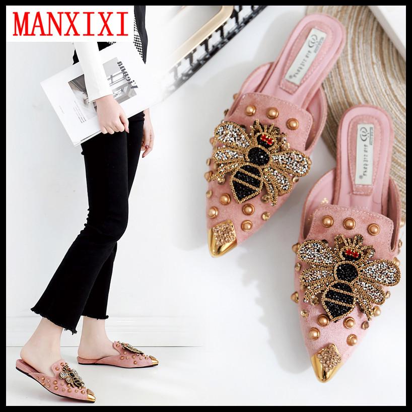 MANXIXI Fashion Mules Sandals Beautiful Big Bee Inlay Flat Slippers For Women（35-41 Size）