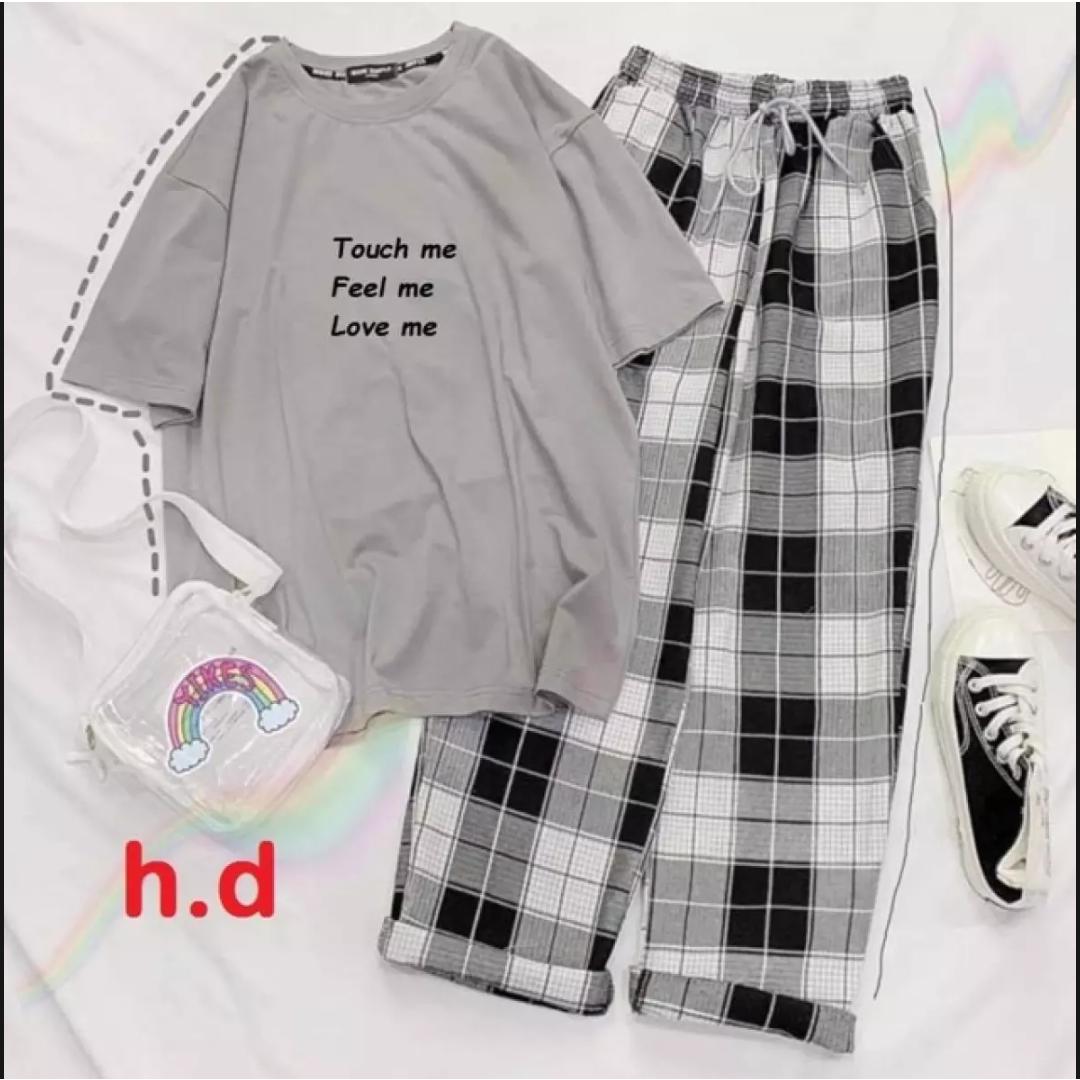 Quần áo nữ, set 2 món áo thun touch me kèm quần kẻ đen