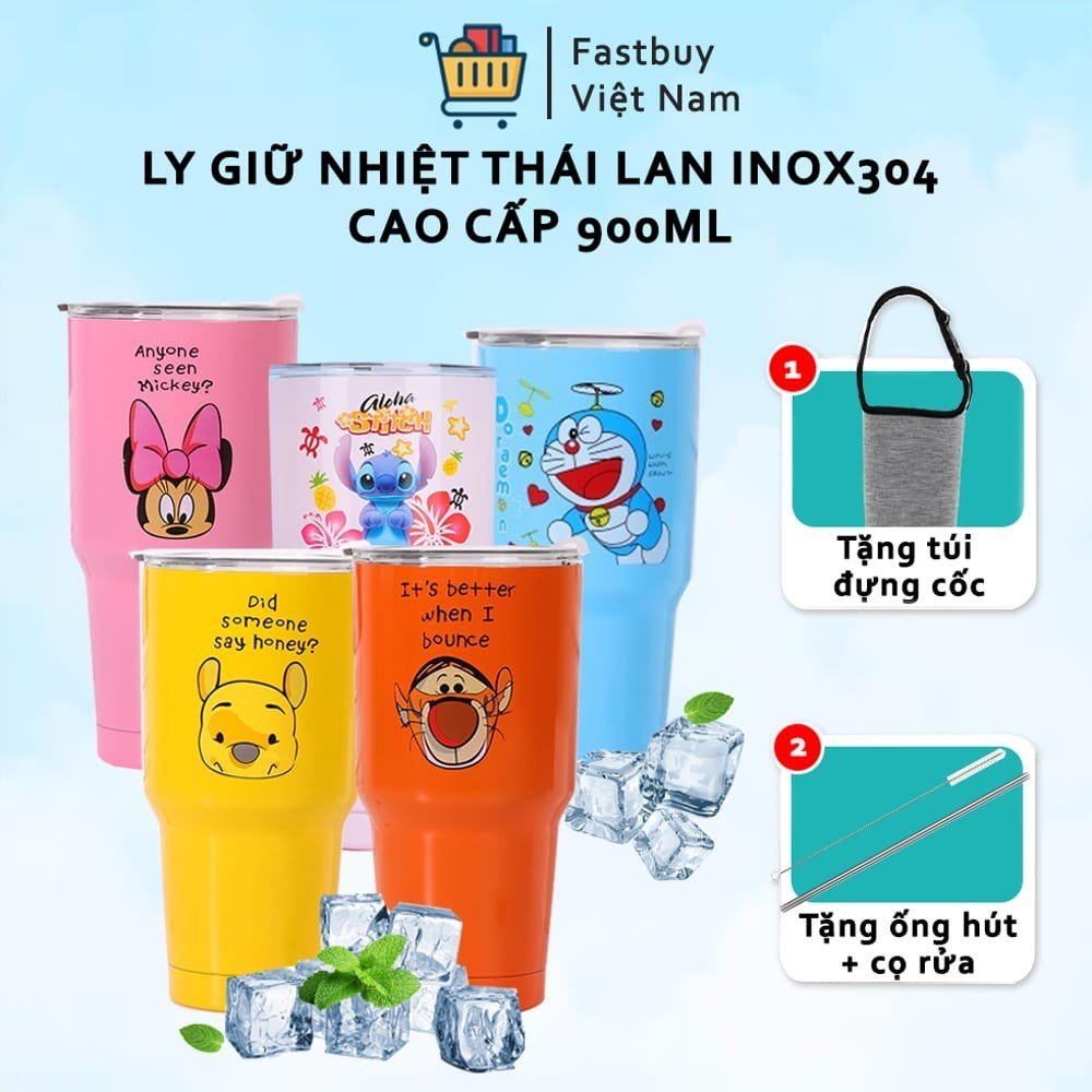 Ly giữ nhiệt Thái Lan , Cốc Giữ Nhiệt Thái Lan 900ml  Chống Trào Tiện Lợi + Tặng Kèm Full Bộ Phụ Kiện Ống Hút Tái Sử Dụng Và Túi Đựng