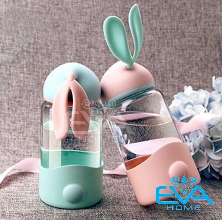 [HCM]Bình Nước Thuỷ Tinh Vỏ Bọc Silicon Nắp Thỏ Con Dễ Thương 300 Ml