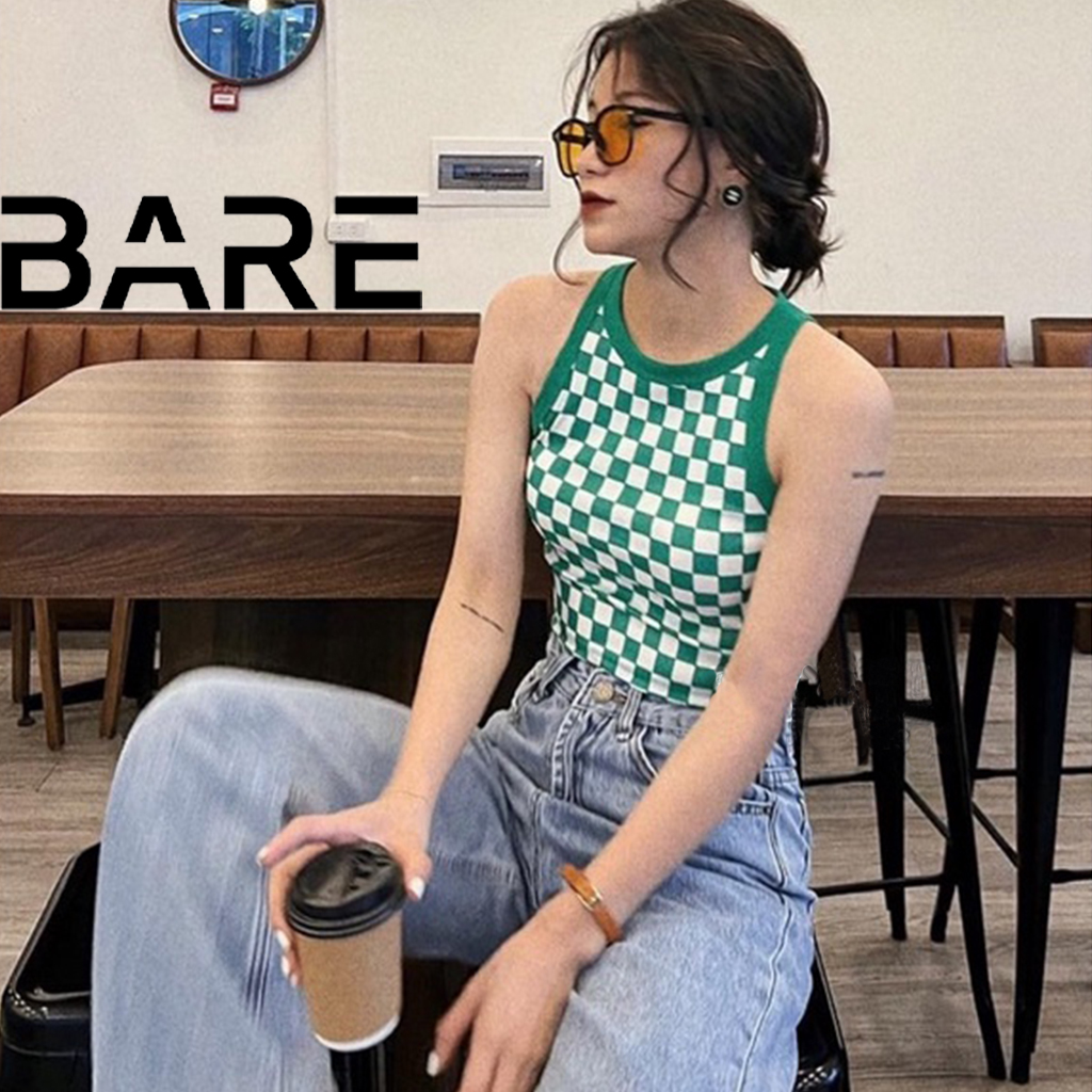 Áo croptop ba lỗ caro phối viền