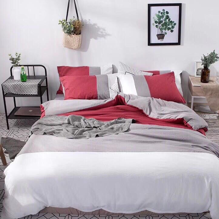 Bộ chăn ga gối đũi nhập phối màu đỏ đô.