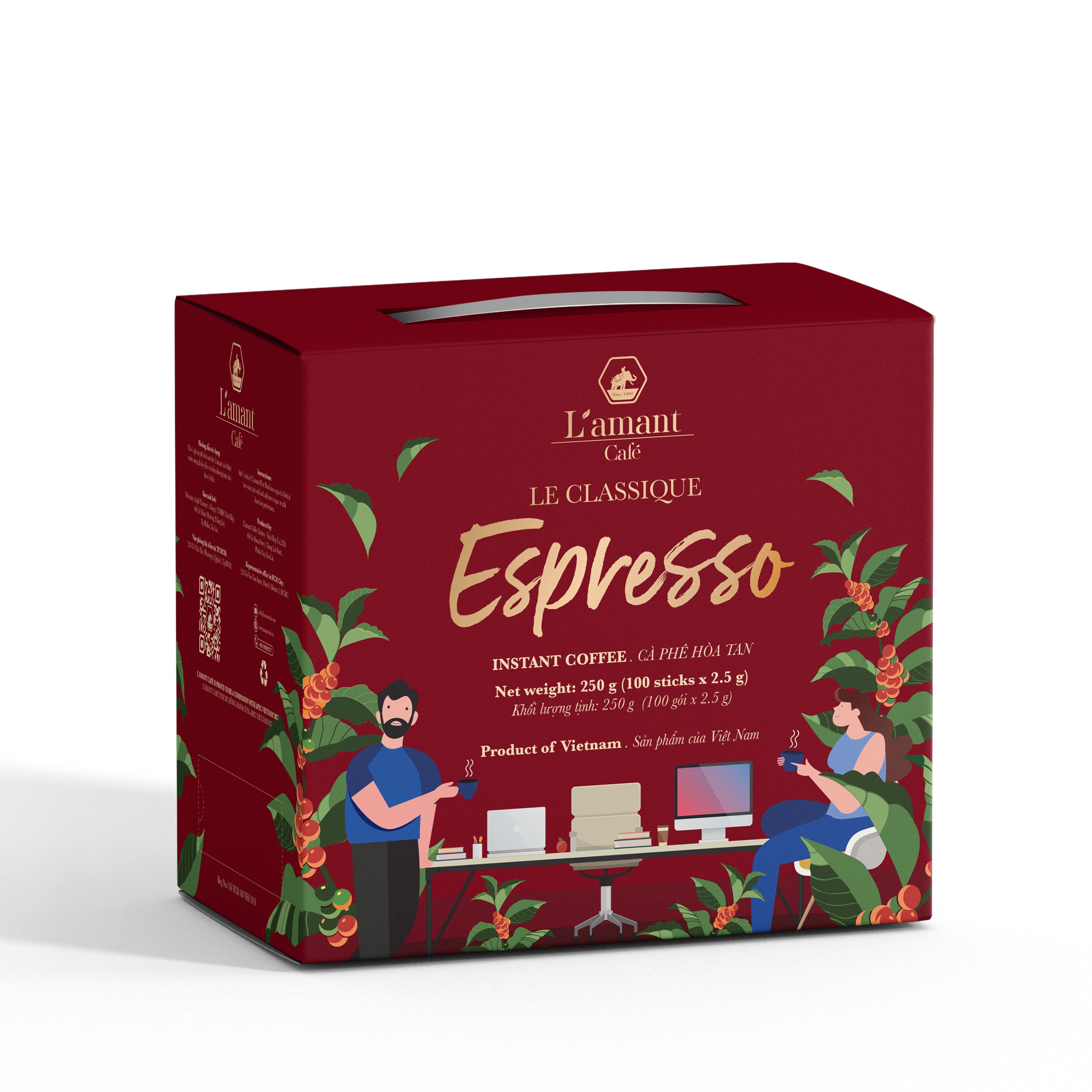 Cà Phê Hòa Tan L’amant Espresso – Không Đường Đậm Vị, Tiện Lợi Đúng Gu – Hộp 100 gói x 2.5g