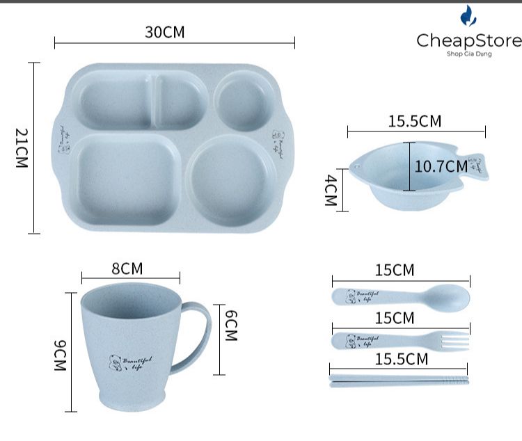Bộ Khay ăn dặm lúa mạch hình cá, Bát ăn dặm lúa mạch 6 món,  Dĩa Chén tập ăn cho bé  ( Khay, Ly, Bát, Thìa, Nĩa, Đũa )