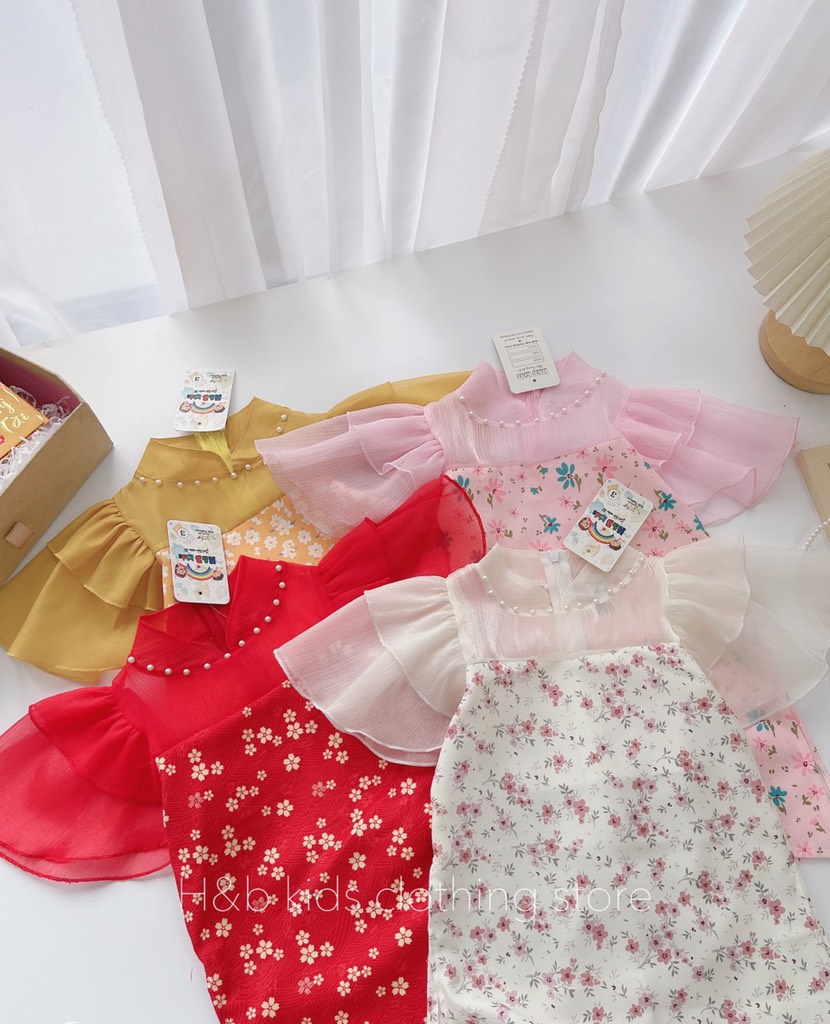 áo dài cách tân hoa hồng lụa đáng yêu cho bé 10-20kg