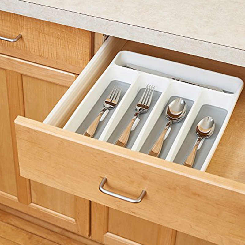 Khay Đựng Nĩa Lớn Màu Xám Bạc Khay Đựng Bộ Sưu Tập, Hộp Đựng Dao Kéo Bằng Nhựa Lót Mềm 5 Ngăn Cho Bộ Đồ Ăn