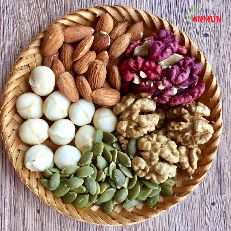 Hạt Dinh Dưỡng Mix 5 Hạt (Hạt Macca, , Óc Chó Đỏ, Óc Chó Nếp, Hạnh Nhân, Bí Xanh) - AnMun (500g)